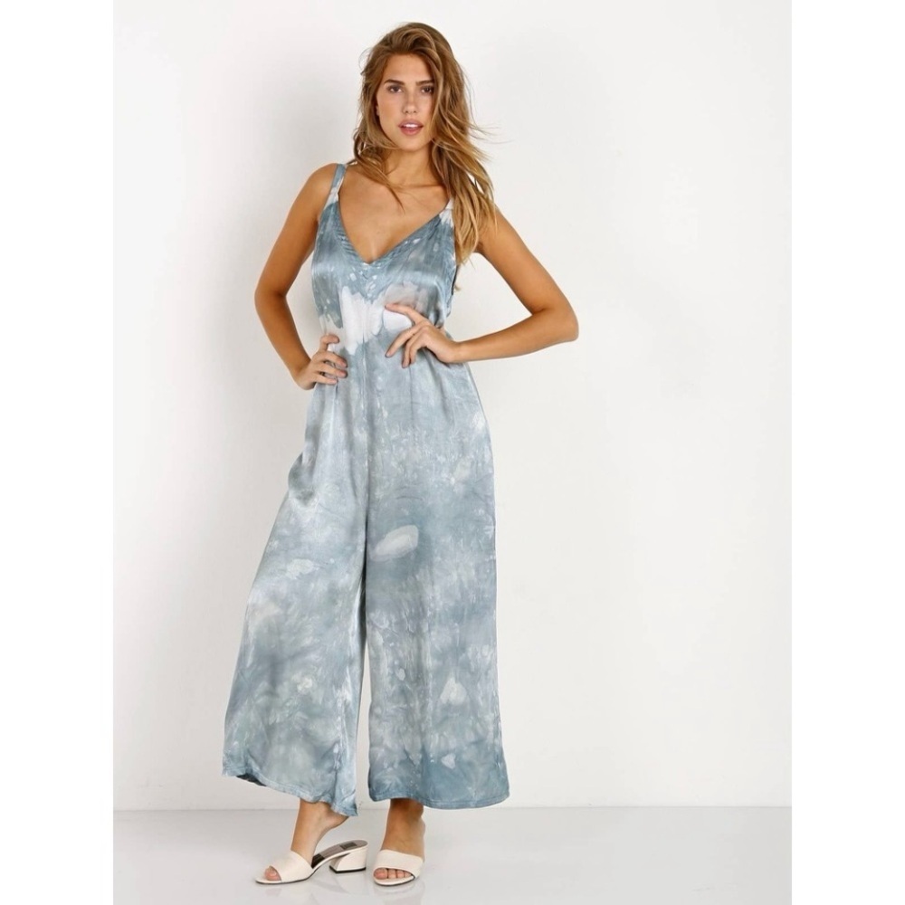 Lacausa Santi Jumpsuit Satin Wide Leg Romper Crystal Wash Blue White Small